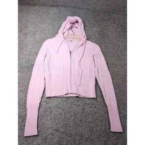 Stella Tweed Pink Cable Knit Zip Up Hoodie Sweater Womens XL Cropped Preppy Y2K